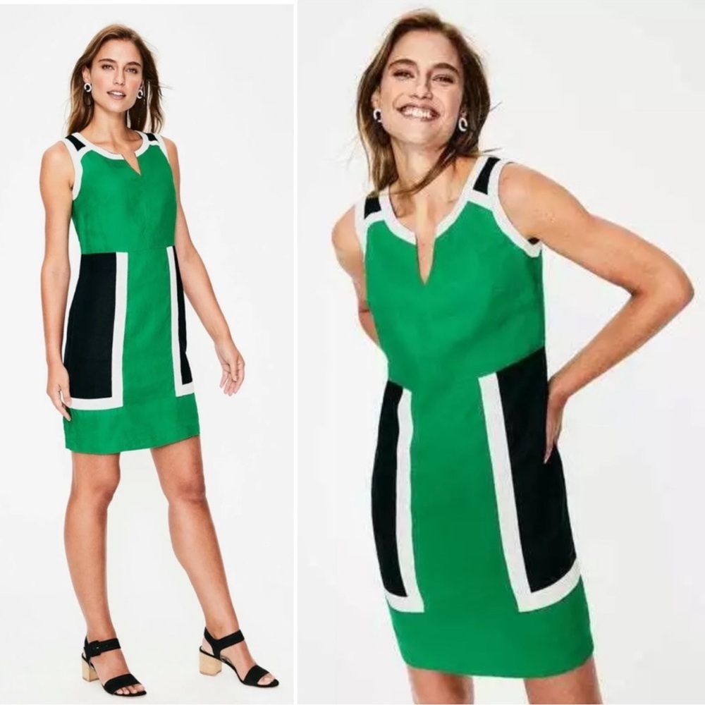 Boden Anita Linen Dress Highland Green Colorblock Mini Pockets NWT Size 6 Petite